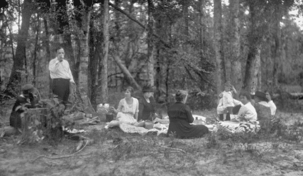 Photo: picnic in a wooded area, by Harry Walker, 1900-1949