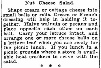 A recipe for a nut cheese salad, Seattle Daily Times newspaper article 22 June 1928
