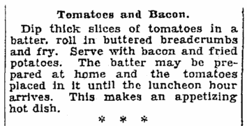 A recipe for tomatoes and bacon, Seattle Daily Times newspaper article 22 June 1928