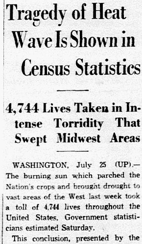 An article about the death toll of the heat wave of 1936, Dallas Morning News newspaper article 26 July 1936
