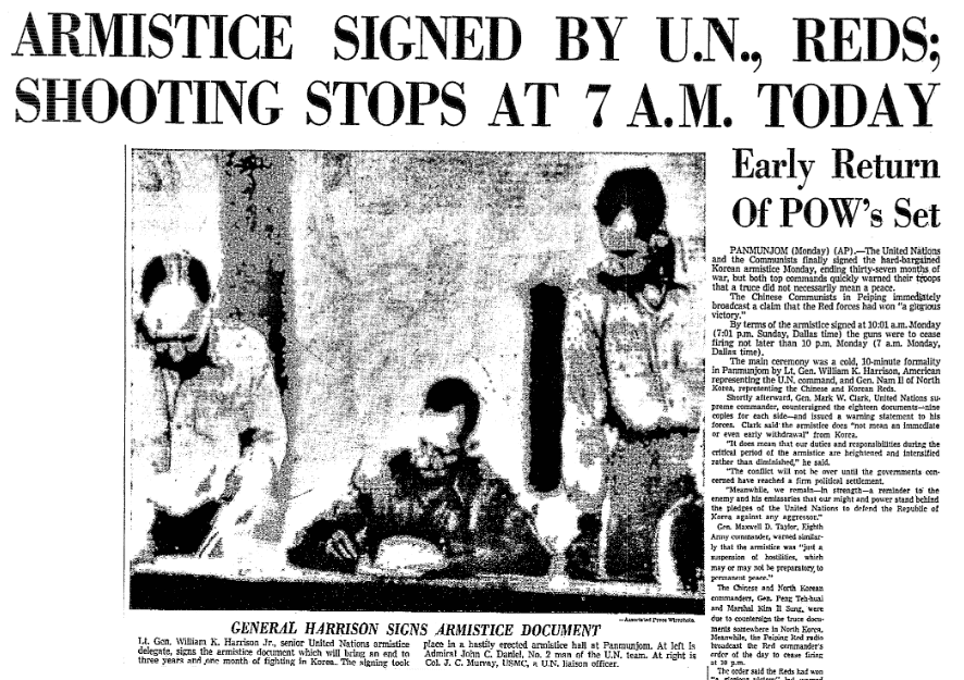 An article about the signing of the armistice that ended the Korean War, Dallas Morning News newspaper article , 27 July 1953