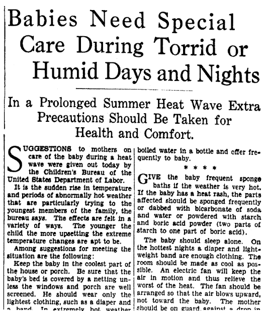 An article about how to take care of babies during a heat wave, Evening Star newspaper article 27 July 1936