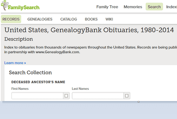 A screenshot of the FamilySearch website showing the search page for GenealogyBank's recent obituaries collection
