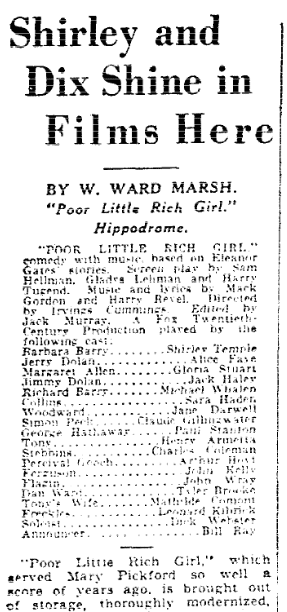 A review of the Shirley Temple movie "Poor Little Rich Girl," Plain Dealer newspaper article 20 July 1936