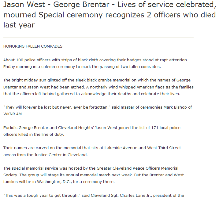 An article about Jason West and George Brentar, Plain Dealer newspaper article 10 May 2008