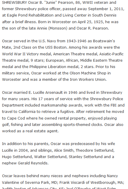 An obituary for Oscar Pearson, Worcester Telegram & Gazette newspaper article 29 September 2011