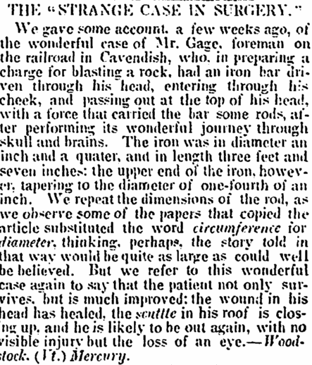 An article about Phineas Gage's accident, Alexandria Gazette newspaper article 20 October 1848