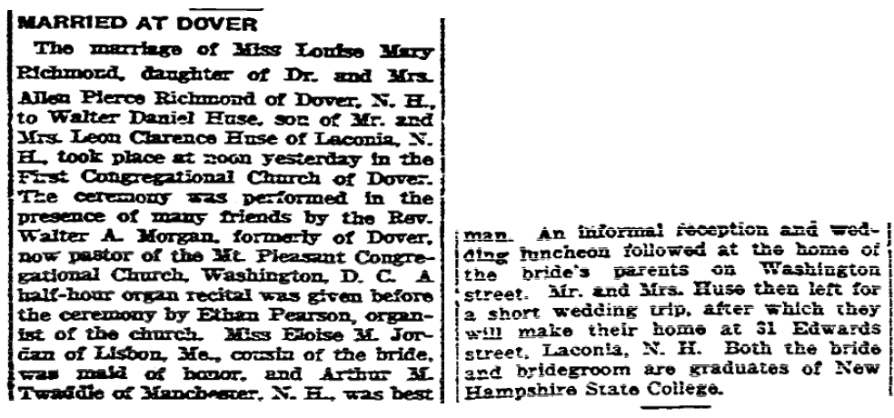 Marriage notice for Louise Richmond and Walter Huse, Boston Herald newspaper article 13 August 1922