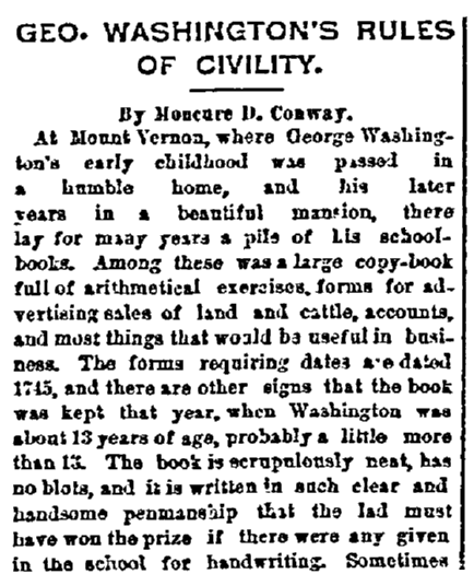 An article on George Washington's etiquette book, Daily Inter Ocean newspaper article 4 January 1891