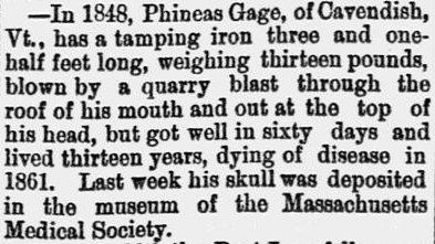 An article about Phineas Gage's accident, Jamestown Journal newspaper article 19 June 1868