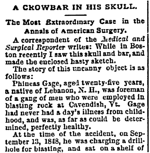 An article about Phineas Gage's accident, State newspaper article 18 January 1893