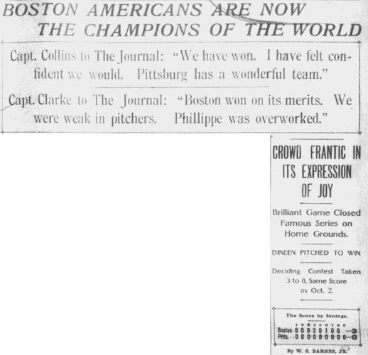 An article about the 1903 World Series, baseball's first, Boston Journal newspaper article 14 October 1903