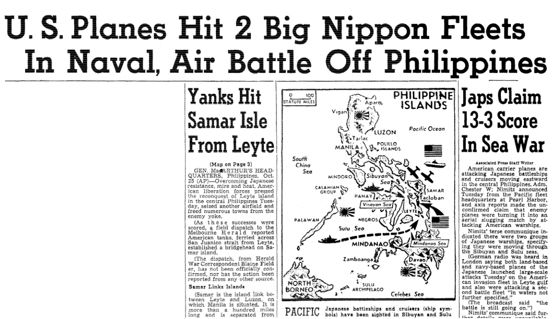 An article about the Battle of Leyte Gulf during World War II, Oregonian newspaper article 25 October 1944