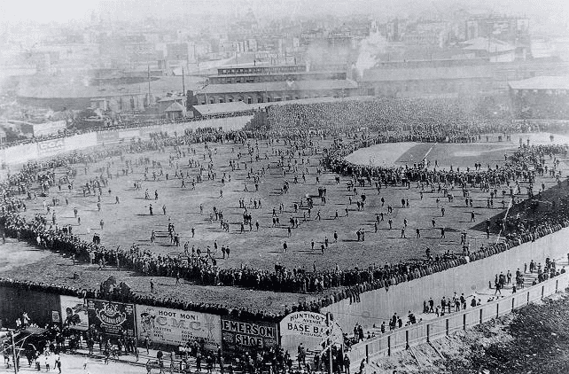 Photo: an overflow crowd at the Huntington Avenue Grounds in Boston prior to Game 3 of the 1903 World Series