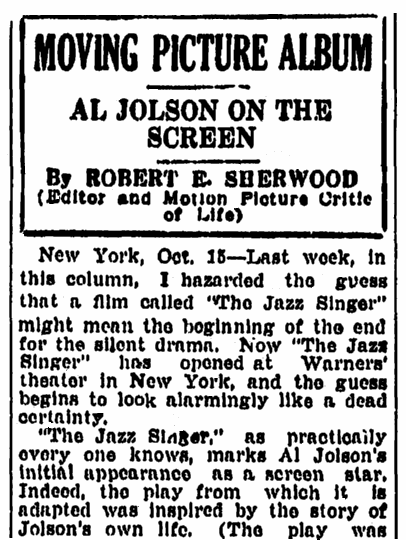 A review of the movie "The Jazz Singer," Springfield Republican newspaper article 16 October 1927