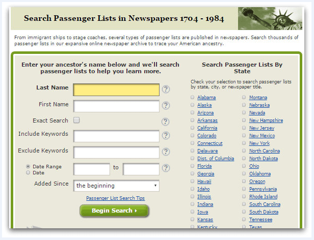 A screenshot of GenealogyBank's Passenger Lists search page