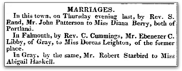 Marriage announcements, Eastern Argus newspaper article 19 August 1828