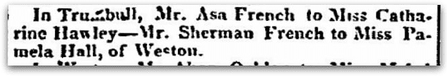 A wedding announcement for Asa French and Catharine Hawley, Connecticut Herald newspaper article 6 April 1824