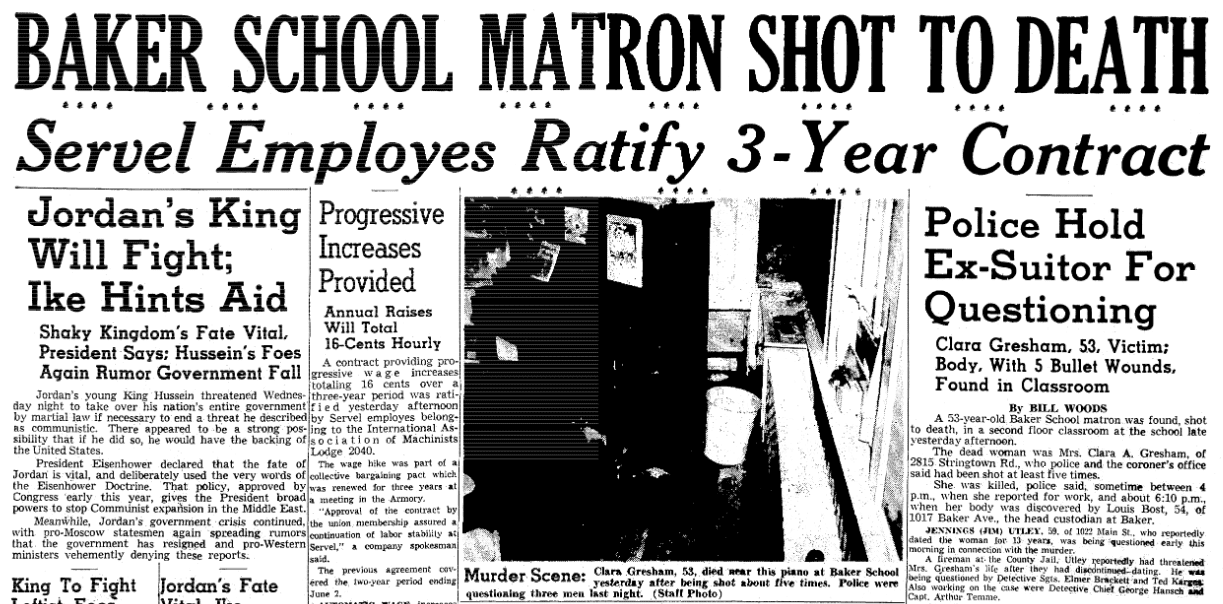 An article about the murder of Clara Gresham, Evansville Courier and Press newspaper article 25 April 1957