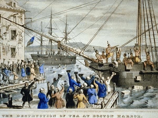 Illustration: detail of "The Destruction of Tea at Boston Harbor" by Nathaniel Currier, 1846. Credit: Wikimedia Commons.