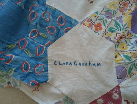 Photo: cigar girls’ quilt, showing Clara Gresham’s name