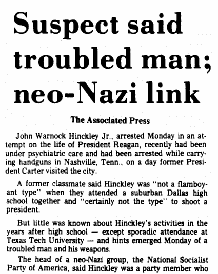 An article about the attempted assassination of President Ronald Reagan, Augusta Chronicle newspaper article 31 March 1981