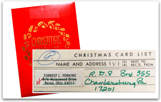 A photo of a Christmas card address book