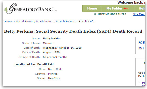 Social Security Death Index listing for Betty Perkins