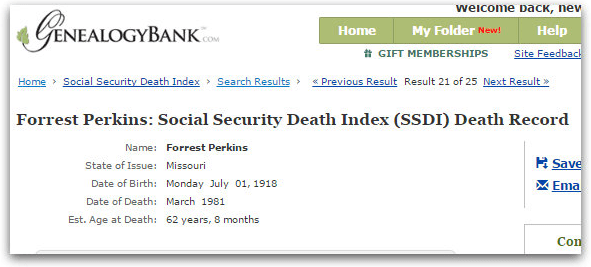 Social Security Death Index listing for Forrest Perkins