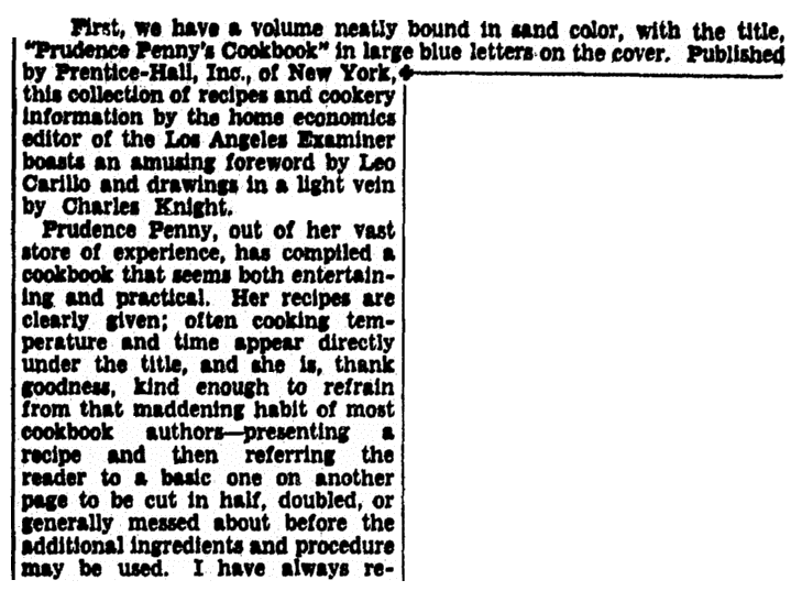 A book review of "Prudence Penny's Cookbook," Evening Star newspaper article 22 February 1939
