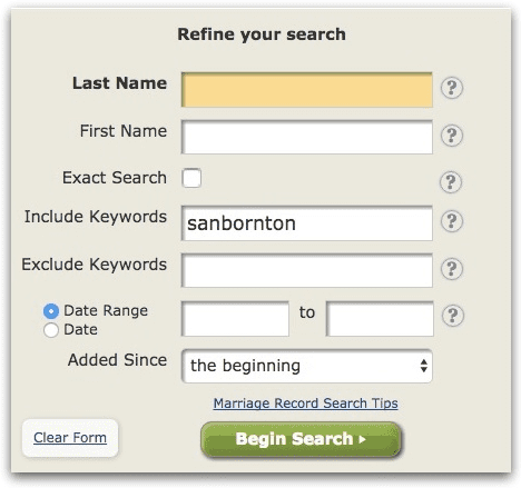 A screenshot of GenealogyBank's search page showing a search for "Sanbornton"