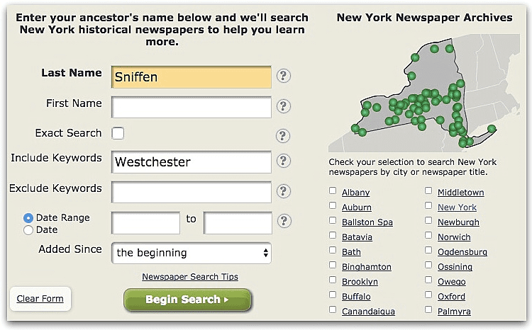 A screenshot of GenealogyBank's search page showing a search for the Sniffen family