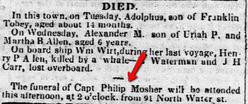 Death notices, New-Bedford Mercury newspaper article 8 September 1837