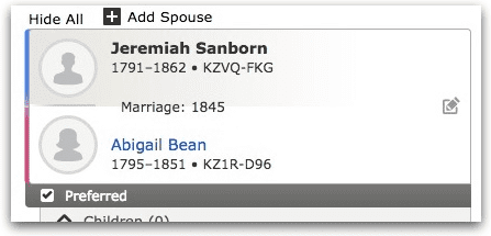 A marriage record for Jeremiah Sanborn and Abigail Bean, from FamilySearch