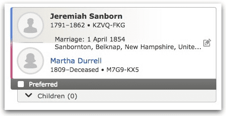 A marriage record for Jeremiah Sanborn and Martha Durrell, from FamilySearch