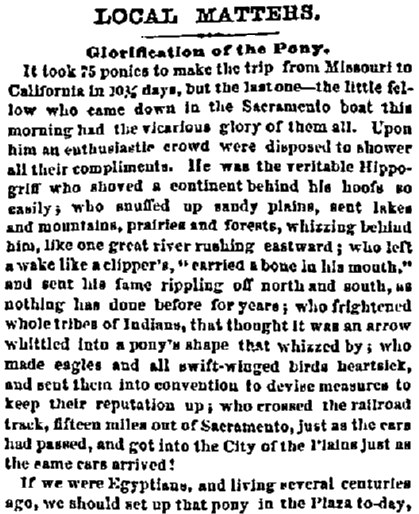 An article about the Pony Express, San Francosco Bulletin newspaper article 14 April 1860