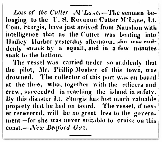 An article about the shipwreck of the U.S. Revenue Cutter McLane, Trumpet and Universalist Magazine newspaper article 9 September 1837