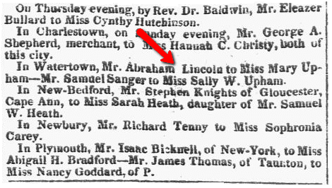An article about Abraham Lincoln, Columbian Centinel newspaper article 5 January 1825