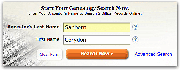 A screenshot of GenealogyBank's search box showing a search for Corydon Sanborn