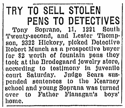 An article about Tony Soprano, Omaha World-Herald newspaper article 5 March 1922