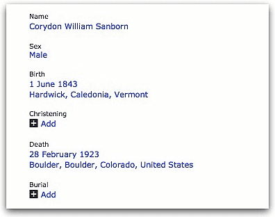 A record for Corydon Sanborn, from FamilySearch