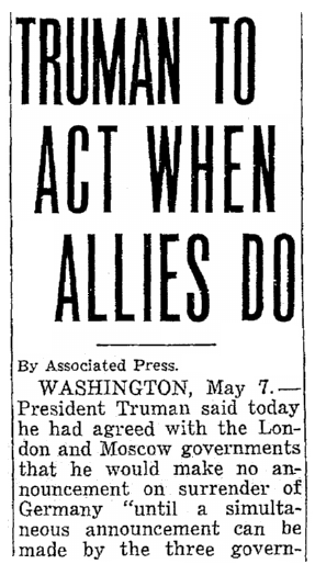 An article about the surrender of Germany during World War II, Seattle Daily Times newspaper article 7 May 1945