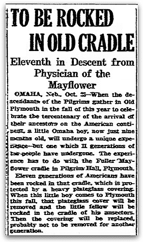 An article about the cradle that has been passed down through the generations of Mayflower Pilgrim Samuel Fuller's family, Boston Herald newspaper article 24 October 1920