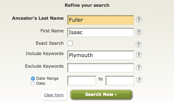 A screenshot of GenealogyBank's search page showing a search for Isaac Fuller and "Plymouth"
