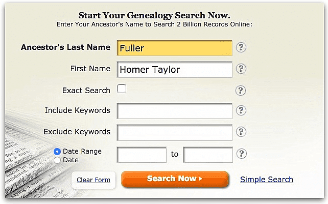 A screenshot of GenealogyBank's search page showing a search for Homer Taylor Fuller