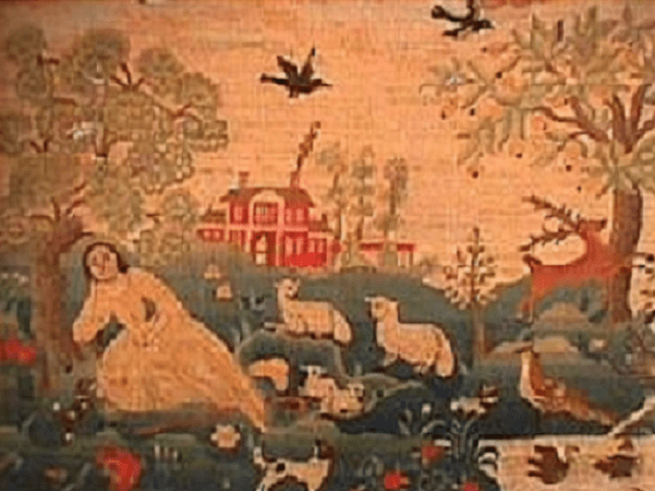 Photo: embroidery made by Esther Stoddard, c. 1750. Source: Historic Northampton Museum & Education Center, Northampton, Massachusetts.