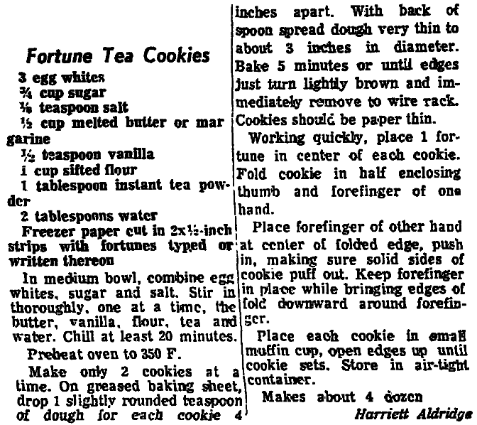 A recipe for fortune cookies, Arkansas Gazette newspaper article 5 December 1968