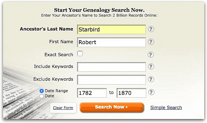 A screenshot of GenealogyBank's search page showing a search for Robert Starbird