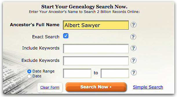 A screenshot of GenealogyBank's search page showing a search for Albert Sawyer