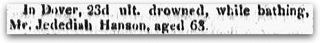 An obituary for Jedediah Hanson, New-Hampshire Gazette newspaper article 6 August 1822